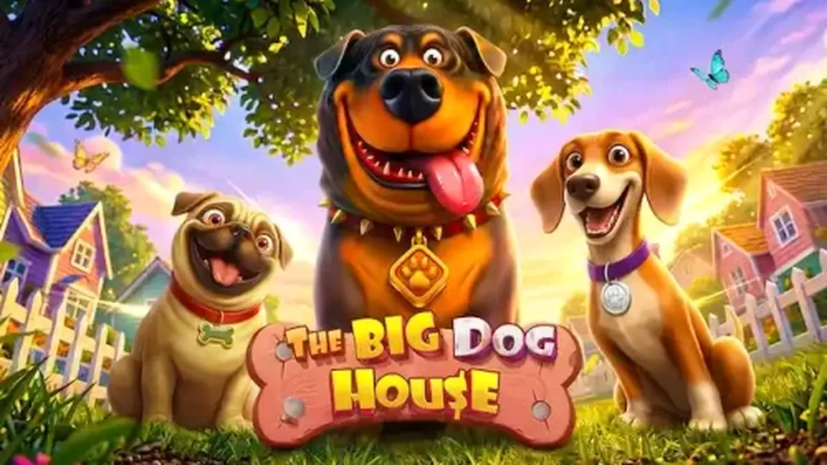 Tampilan visual slot The Big Dog House dengan simbol anjing dan rumah anjing